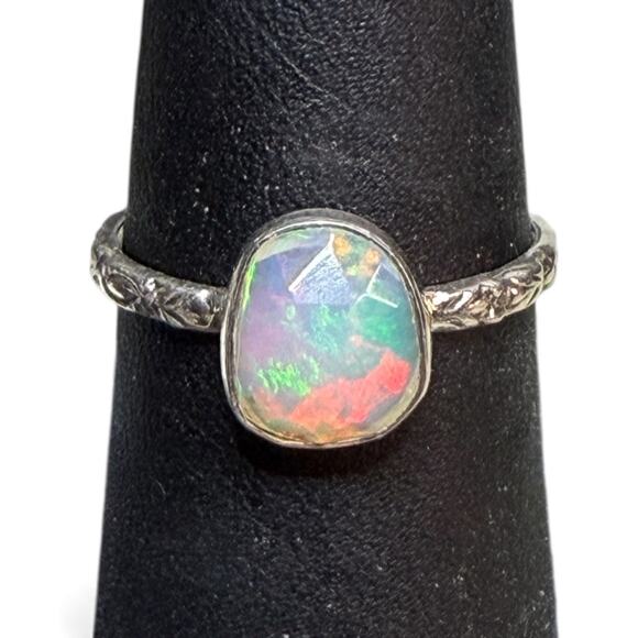 Pear Rose Cut Natural Ethiopian Opal Ring 925 Sterling Silver Size 8 Carved Band - Picture 4 of 5